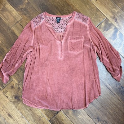 Torrid Peasant Blouse Women 2X (2) Dusty Rose Lace Yoke Tunic Roll Tab Sleeve 