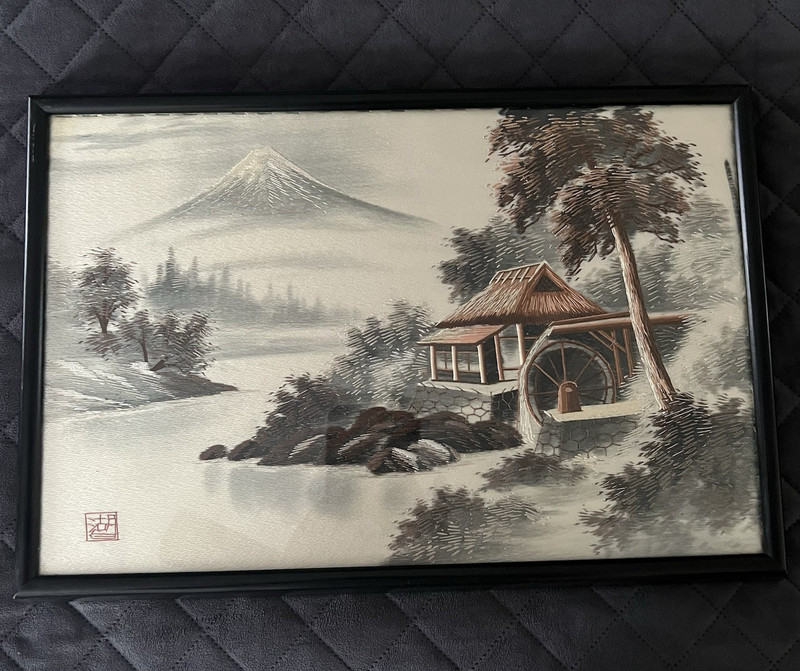 Framed Silk Embroidered Landscape Tapestry Japan vintage antique