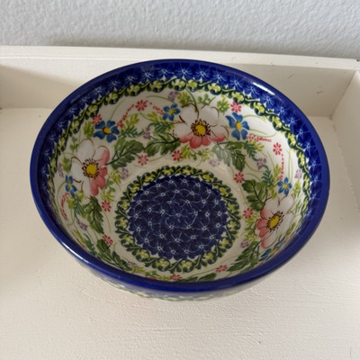 Kalich Polish Pottery Unikat 755 Hand Painted Floral Blue Rim Bowl