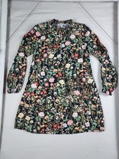 LOFT Womens Small Floral Shift Dress Black Botanical Print Long Sleeve