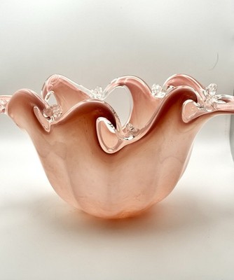 Murano 13'' Vetro Eseguito Pink Art Glass Vase White Crystal Hand Made In Italy