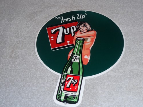 VINTAGE FRESH UP 7 SEVEN UP WOMAN & BOTTLE 12" PORCELAIN METAL GAS OIL SODA SIGN