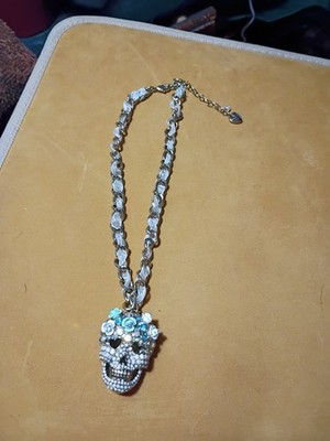 Vintage Betsey Johnson Sugar Skull with Roses Ribbon Necklace 