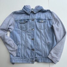 Forever 21 Los Angeles Hooded Jean Jacket, Gray Sweat Shirt Arms/hood,  Medium