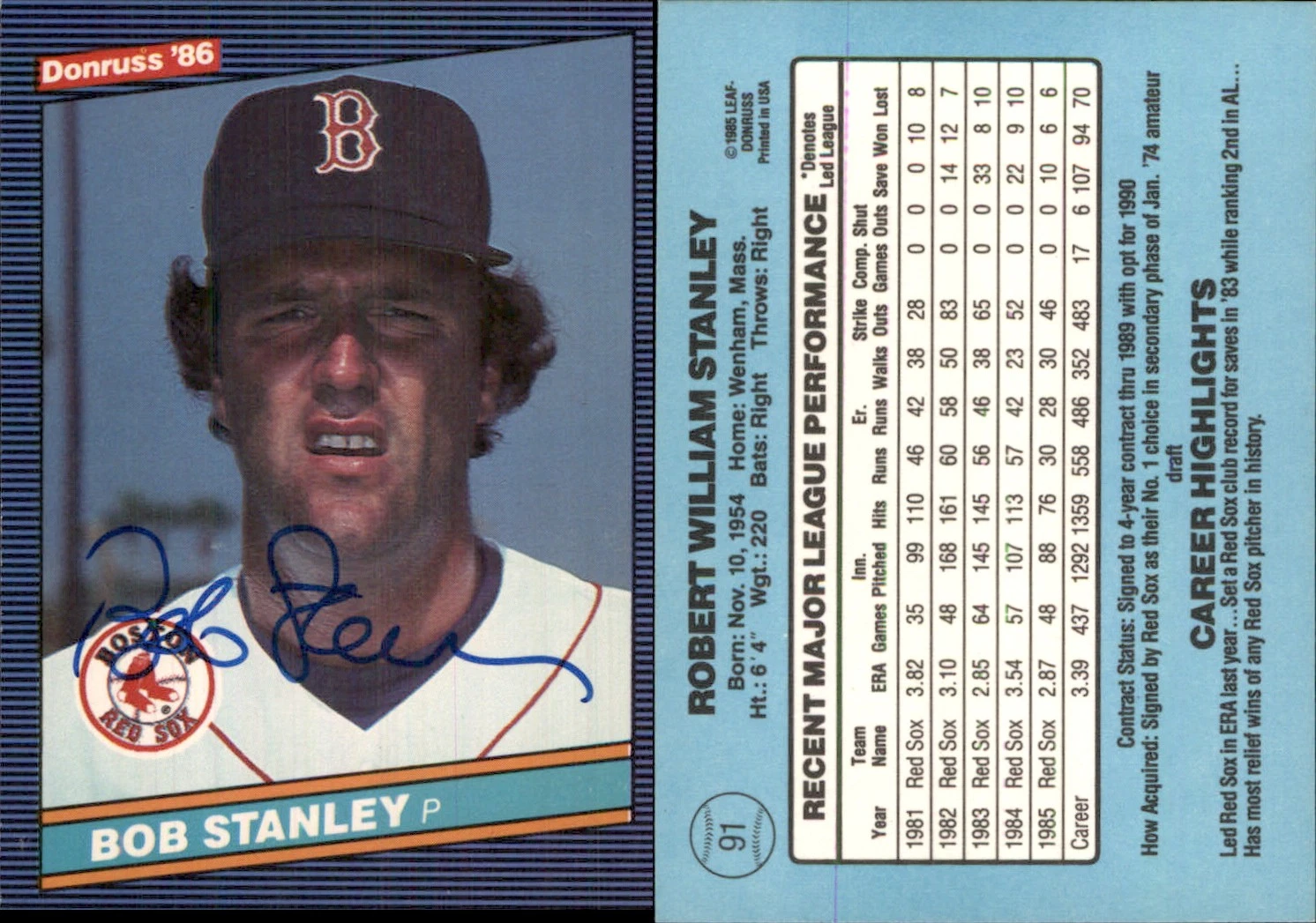 Bob Stanley Signed 1986 Donruss #91 Card Boston Red Sox Auto AU *Autograph Den*