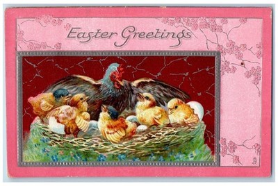 1912 Easter Greeting Chicken Hen Chicks Hatched Eggs Flowers Tuck's Postcard