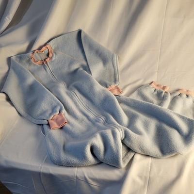 Vintage Women's M Fleece Unionsuit Zipper Blue Pink Pajamas Rear Flap No Footies
