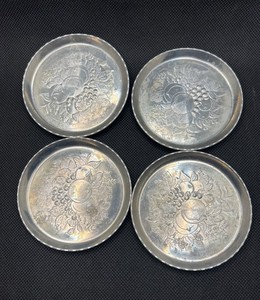 Vintage Aluminum Embossed Fruit Floral Coasters Set of 4 MCM Barware