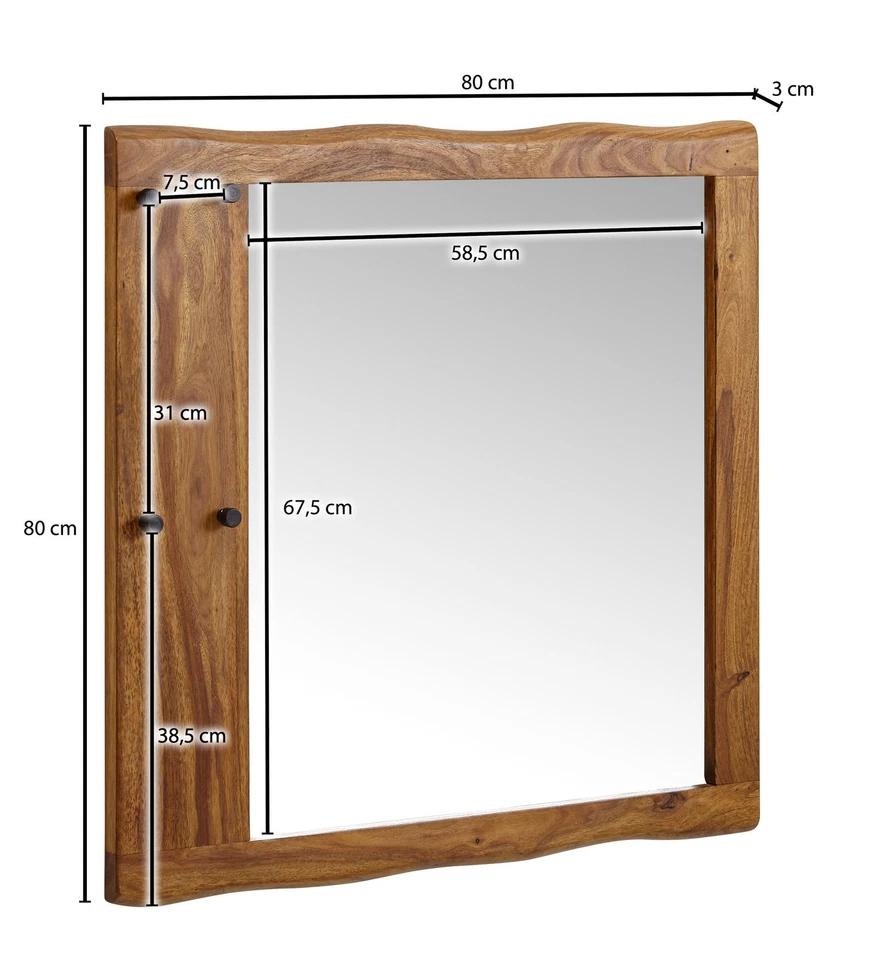 FineBuy Miroir Murale Bois Massif Sheesham 80x80x3 cm Miroir Mur Couloir Grand - Photo 3/4