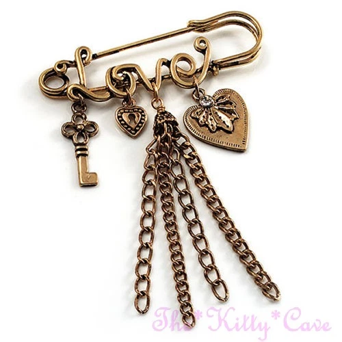 Vintage Burnt Gold Heart Key Lock Love Charms Tassels Kilt, Safety Pin Brooch