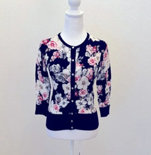 White House Black Market Black/Raspberry Sorbet 3/4 Sleeve Sweater Cardigan Sz S