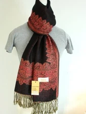Women's Pashmina Scarf Shawl,Paisley,Red Green Gold Silk.Cashmere.Soft