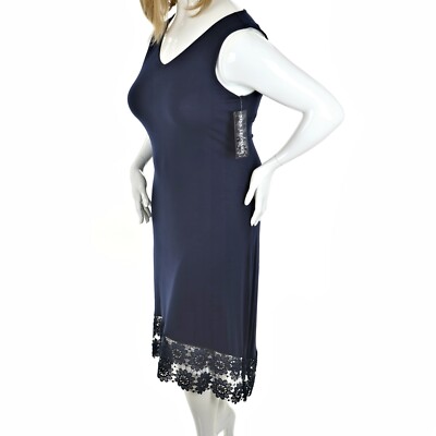 women's nina leonard crochet-hem midi dress NINA LEONARD Women's LARGE V-Neck NAVY Midi DRESS with FLORAL CROCHET Hi-Lo  HEM