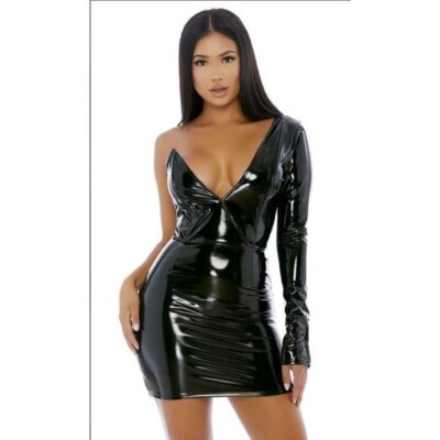 Forplay sexy v neck mini vinyl black dress NEW