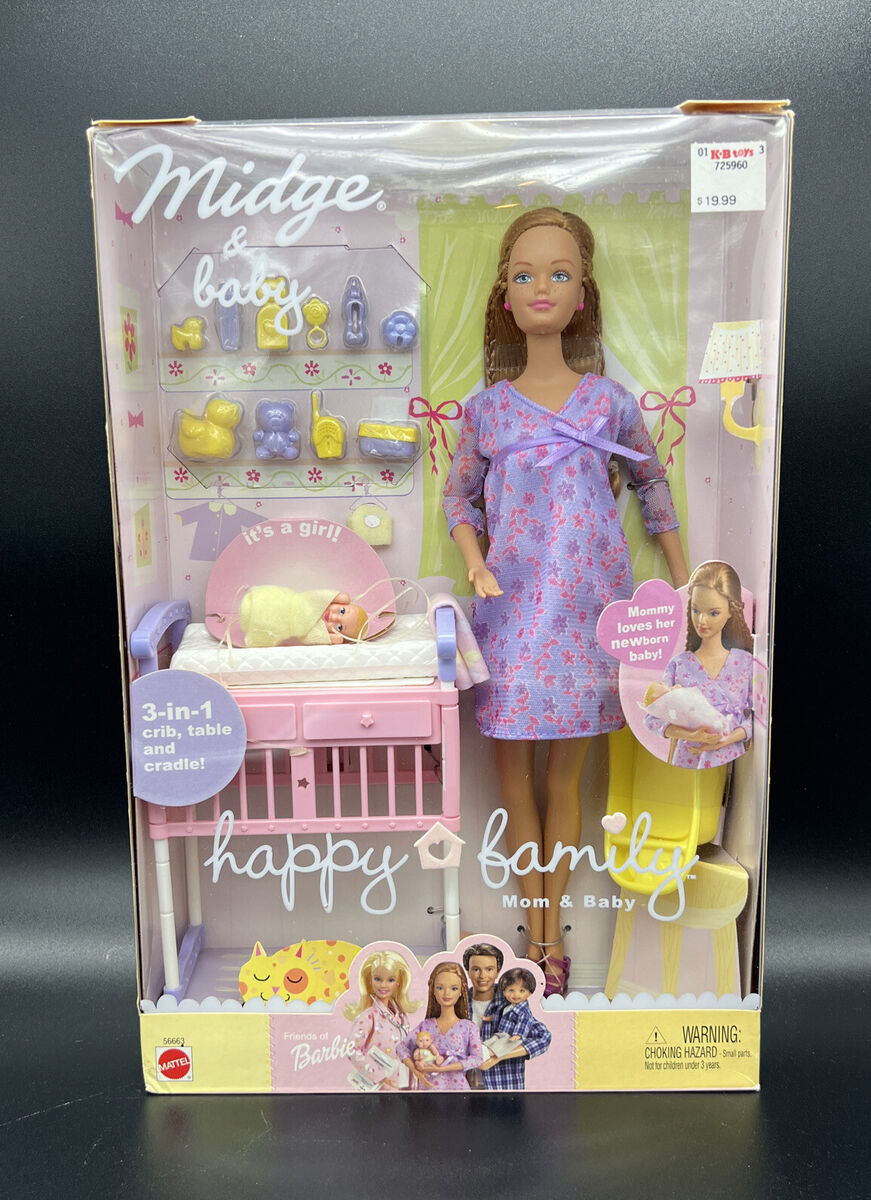 Happy Family Midge Barbie Pregnant Mattel 2002 with Baby without Belly Baby  Bed and Accessories Vintage