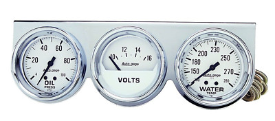 Auto Meter Autogage 3 Gauge Oil Press /Volt /Water Temp Chrome White 2-5/8''