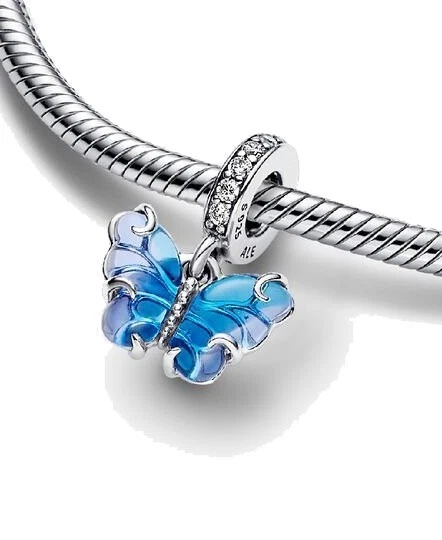 Collar Pulsera Pandor Azul Cristal Murano Mariposa Colgante Dije Ajuste Foto 3 de 3