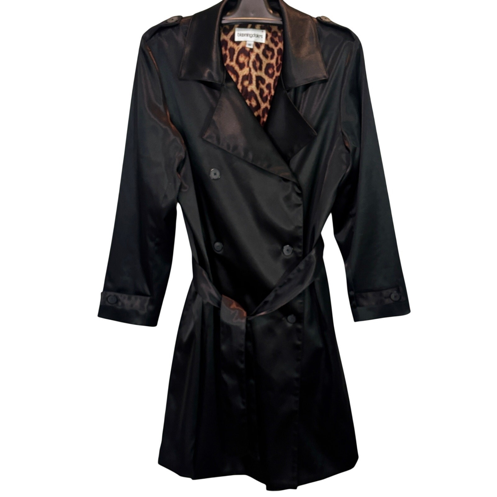 Bloomingdale's Trench Coat Womens 10 Black Leopard Lined Belted Made in USA