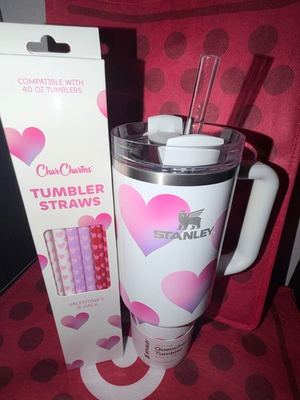 #ad TARGET X STANLEY Limited 2026 Valentine 40oz Tumbler WHITE FROST HEARTS STRAWS $69.99