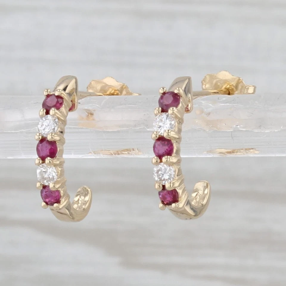 0.36ctw Ruby Diamond J-Hook Drop Earrings 14k Yellow Gold - Image 2 of 4