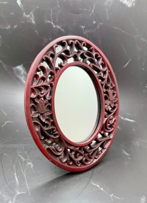 Vintage Ornate Carved Oval Faux Wood Framed Mirror 8'' X 6.25'' Stands
