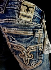 220 Mens Rock Revival Jeans "Mabry" Thick Leather Inserts Straight 34 X 32