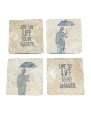 Set of 4 Travertine Stone Coasters 4x4 Cork Back Umbrella Quote Tile Coaster's