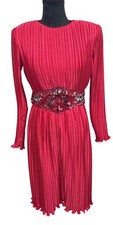 Vtg 80's Red Satin Party Cocktail Dress Sz 4 Pleated Beaded Waist Retro Glam
