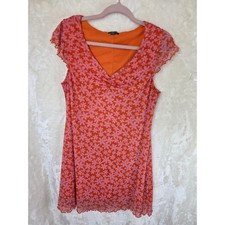 Wild Fable Pink Orange Floral Mesh Mini Dress Flutter Sleeve V-Neck Size Large