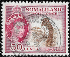 1958  Somaliland🔥USED  🔥Protectorate Sc #134 - 50¢ Martial Eagle. BIRDS