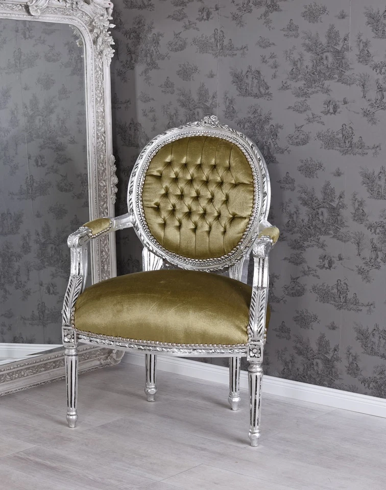 Poltrona Braccioli Antico Sedia Barocco Argento Velluto Sala da Pranzo con - Immagine 2 di 4