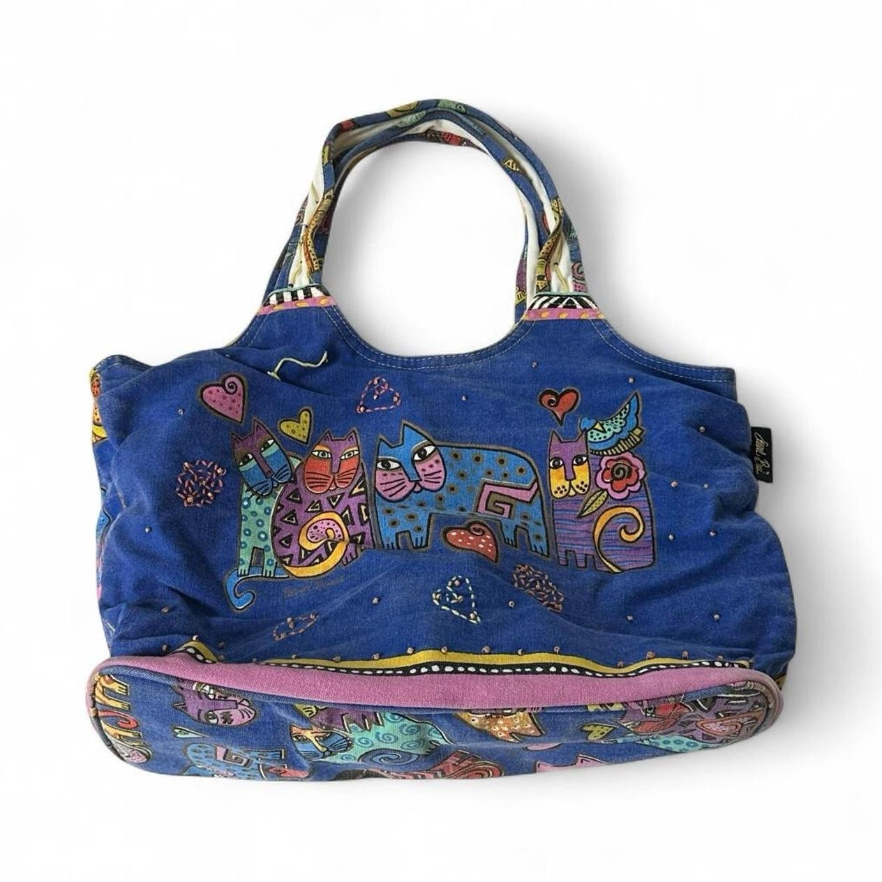 Vintage Laurel Burch Cat Canvas Medium Tote Bag Blue Folk Art Colorful
