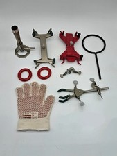 Lot of laboratory clamps, bunsen burner, gloves, ring, burette holder, etc.