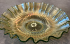 Vintage Fenton Green Carnival Glass Stippled Rays Ruffled Crimped Bowl