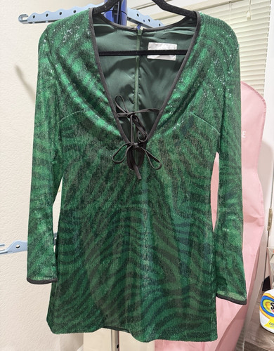 The Wolf Gang Brillo Green/Black Zebra Sequin V-Neck Long Sleeve Mini Dress Sz M