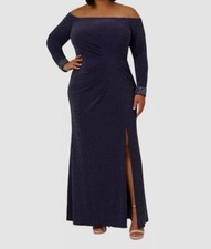 Adrianna Papell Women's Blue Metallic Off-Shoulder Gown Dress Plus Size 20W