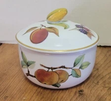 Royal Worcester Evesham Gold 5 " Butter Tub & lid corn knob Fruit ENGLAND Used