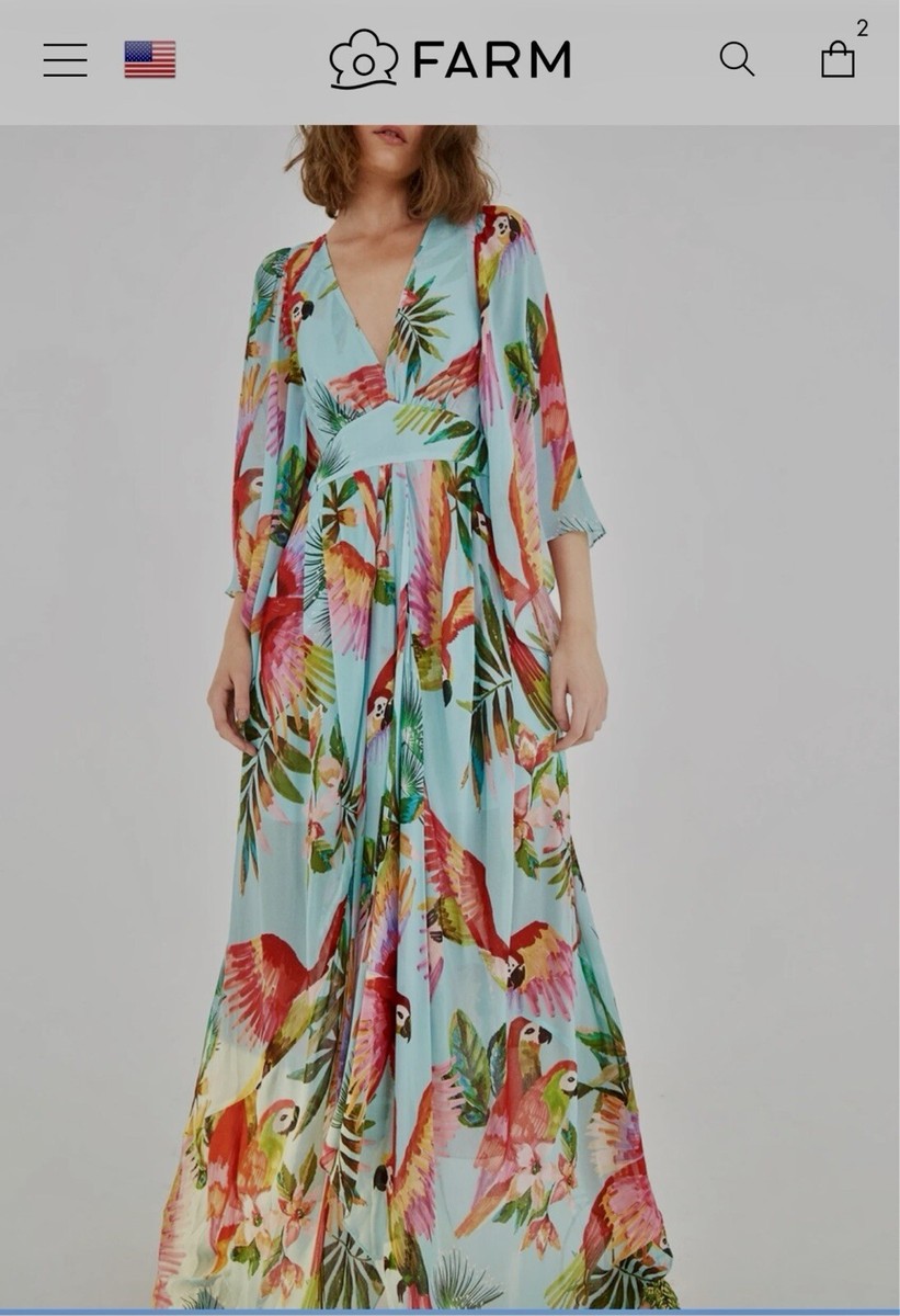 farm rio blue macaw flight maxi dress NEW XS S 0 2 parrot jungle Silk Cover Up Bird the Off