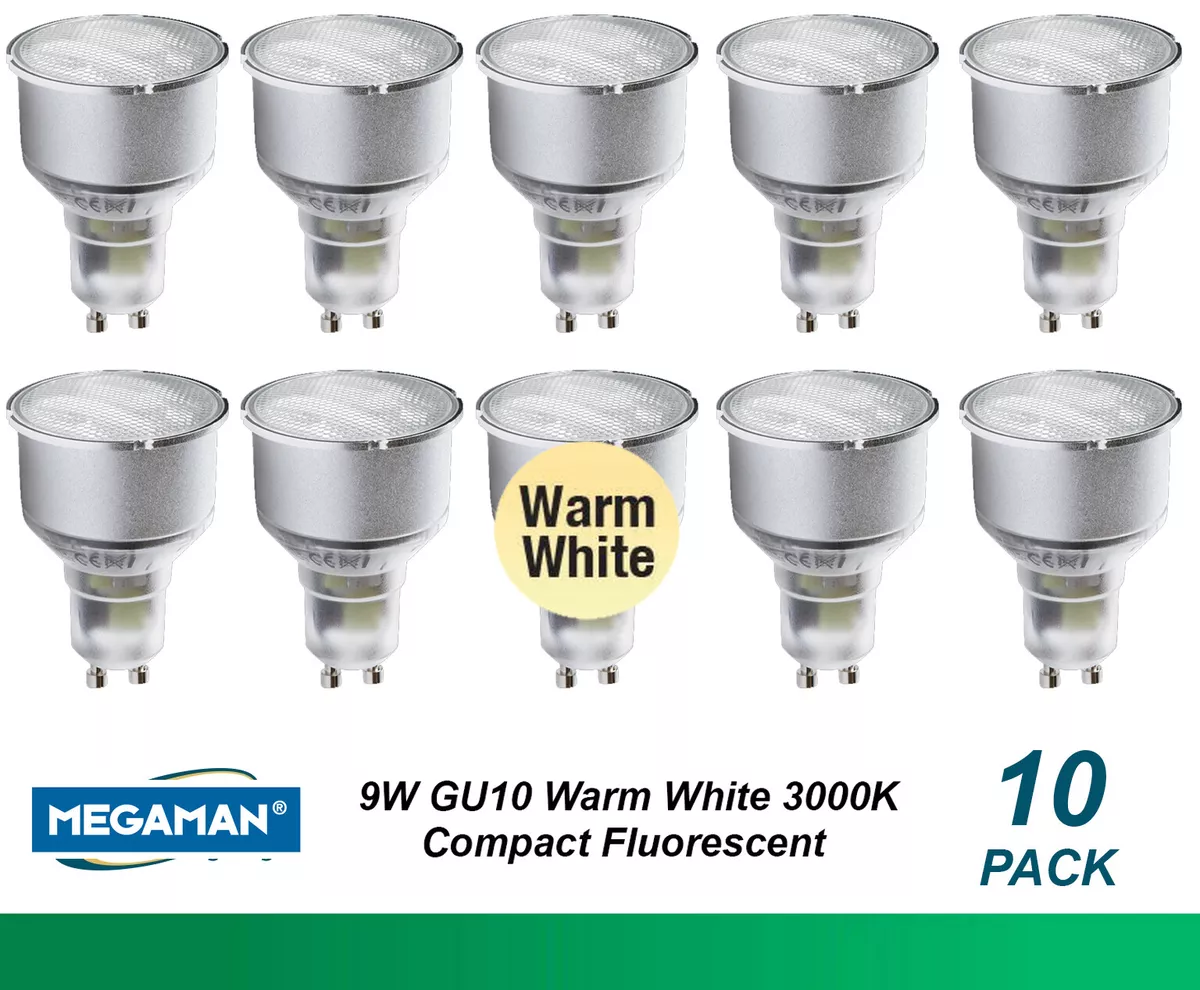 10 x 9W GU10 Compact Fluorescent Lamps Globes Bulbs 3000K Warm White CFL