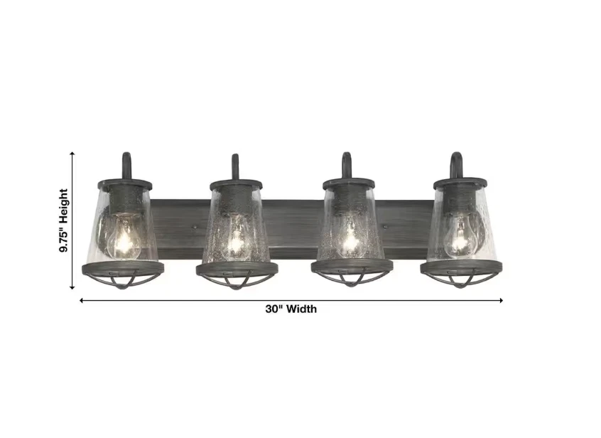 Tocador rústico Georgina 30" 4 luces hierro desgastado, vidrio sembrado y detalles de jaula Foto 3 de 4