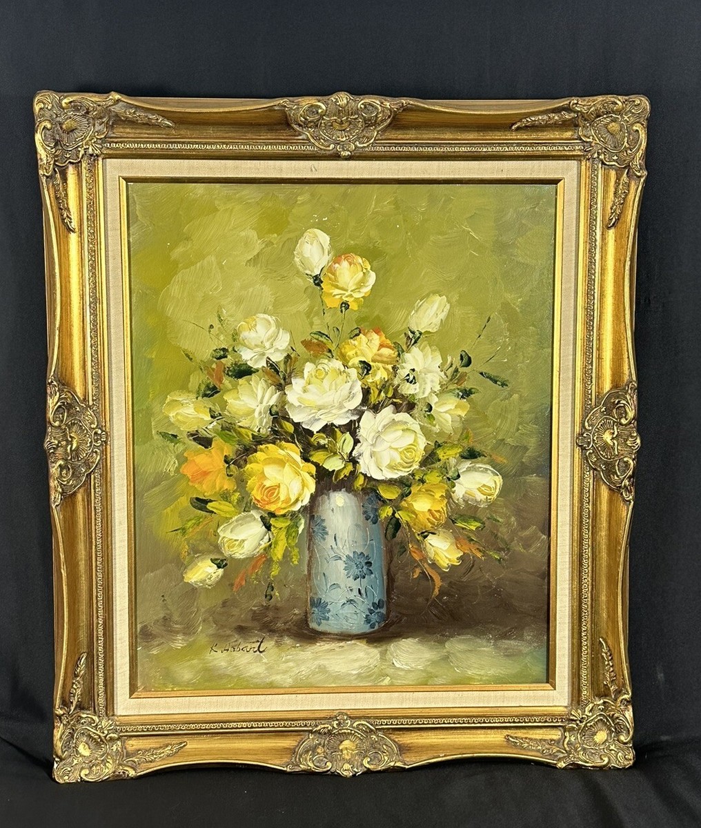 Vtg Oil On Canvas Yellow Roses Floral In Vase Signed K. Hobart