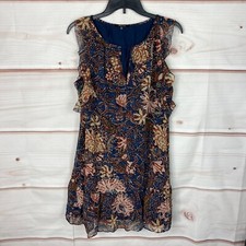 Madewell Dress Womens S Blue Floral Mini Sleeveless Ruffles Tie Neck Shift Lined