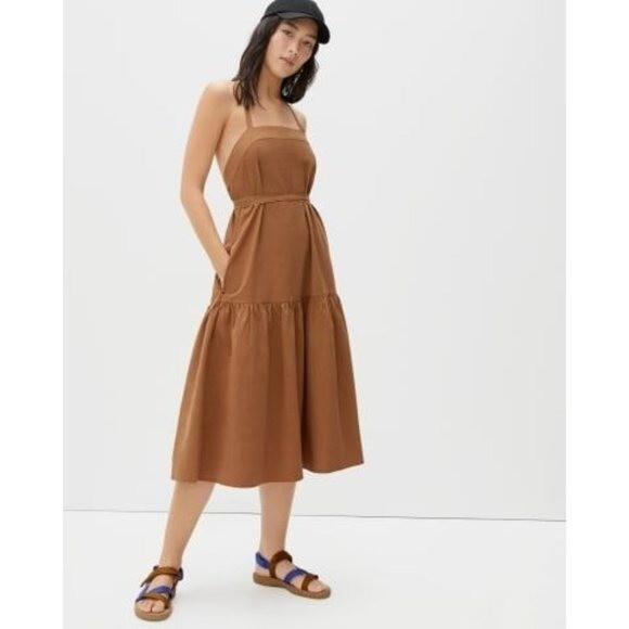 Everlane The Pinafore Dress Cotton Stretch Tiered Brown Size 00 | eBay
