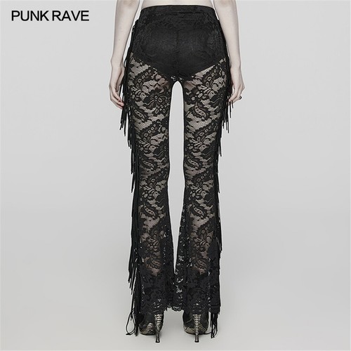 Punk Rave Mujeres Punk Sexy Calce Ajustado Pantalones Gótico Floral Malla Encaje Pantalones Acampanados - Imagen 10 de 29