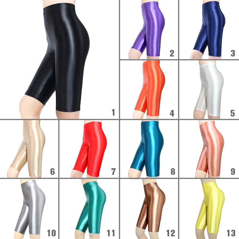 MJINM Mujeres Brillantes Brillantes Satén Leggings Opacos Cintura Alta Elásticos Pantalones Cortos Deportivos Foto 2 de 4