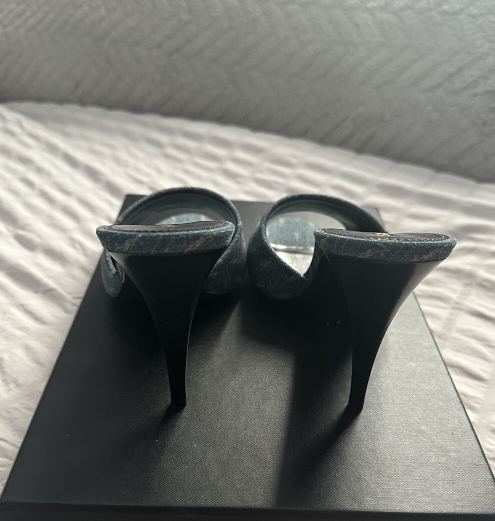 Saint Laurent La 16 Cassandre Denim YSL Logo High Heel Mules