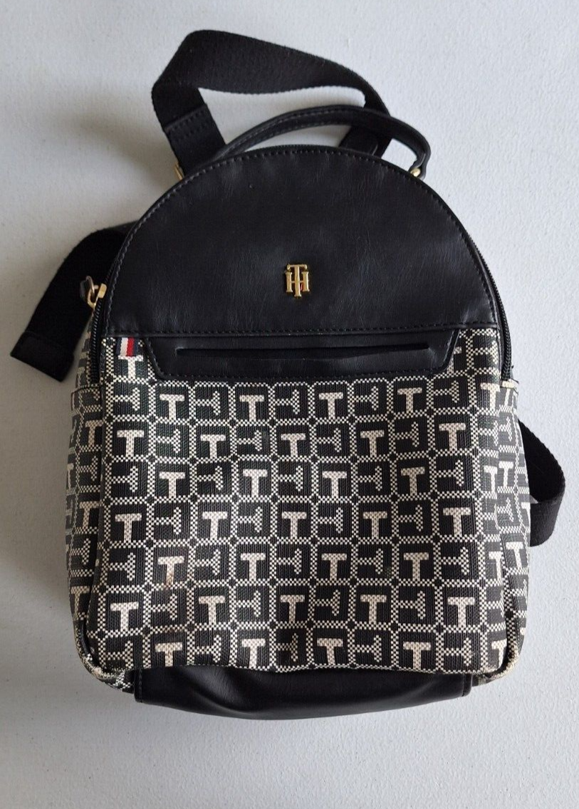 Tommy Hilfiger Striped Tan Gold Logo Backpack for Travel School Full Size  