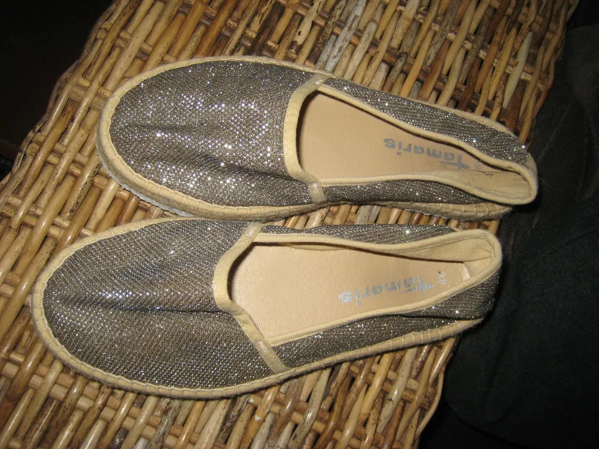 tamaris Damen Espadrilles Slipper Schuhe Metallic Platinum beige