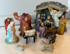 Vtg Christmas Nativity Set 15 Piece Plaster/Chalk & Painted Japan 1930's Read