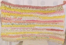Crochet Pink Yellow Cream Cotton Rag Rug Handmade Rectangle 35x19"